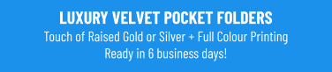 LUXURY VELVET POCKET FOLDERSTouch of Raised Gold or Silver + Full Colour Printing Ready in 6 business days!
