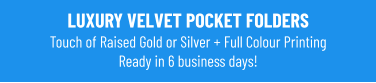 LUXURY VELVET POCKET FOLDERSTouch of Raised Gold or Silver + Full Colour Printing Ready in 6 business days!