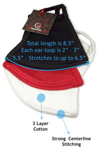 Strong  CenterlineStitching   3 LayerCotton  5.5” - Stretches to up to 6.5” Total length is 8.5” Each ear-loop is 2” - 3”