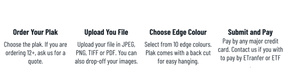 Order Your Plak Choose the plak. If you are ordering 12+, ask us for a quote. Upload You File Upload your file in JPEG, PNG, TIFF or PDF. You can also drop-off your images. Choose Edge Colour Select from 10 edge colours. Plak comes with a back cut for easy hanging. Submit and Pay Pay by any major credit card. Contact us if you with to pay by ETranfer or ETF ,