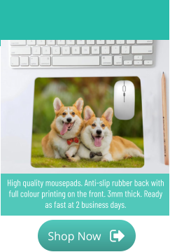 Shop Now Shop Now High quality mousepads. Anti-slip rubber back with full colour printing on the front. 3mm thick. Ready as fast at 2 business days.