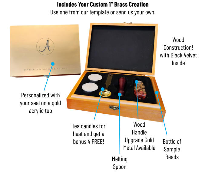 Melting  Spoon Personalized with your seal on a gold acrylic top Tea candles for heat and get a bonus 4 FREE! WoodHandleUpgrade Gold Metal Available Bottle of Sample Beads WoodConstruction! with Black Velvet Inside Includes Your Custom 1” Brass CreationUse one from our template or send us your own.